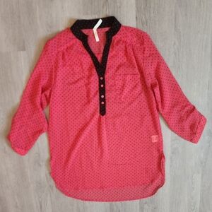 Truth NYC Junior's Polka Dot V-Neck Button Down Pullover Sheer Blouse Large L
